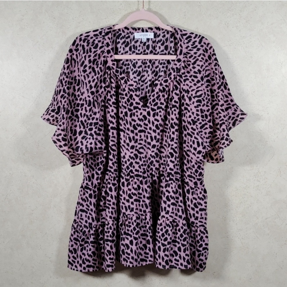 Umgee mauve and black animal print tiered ruffle blouse XL